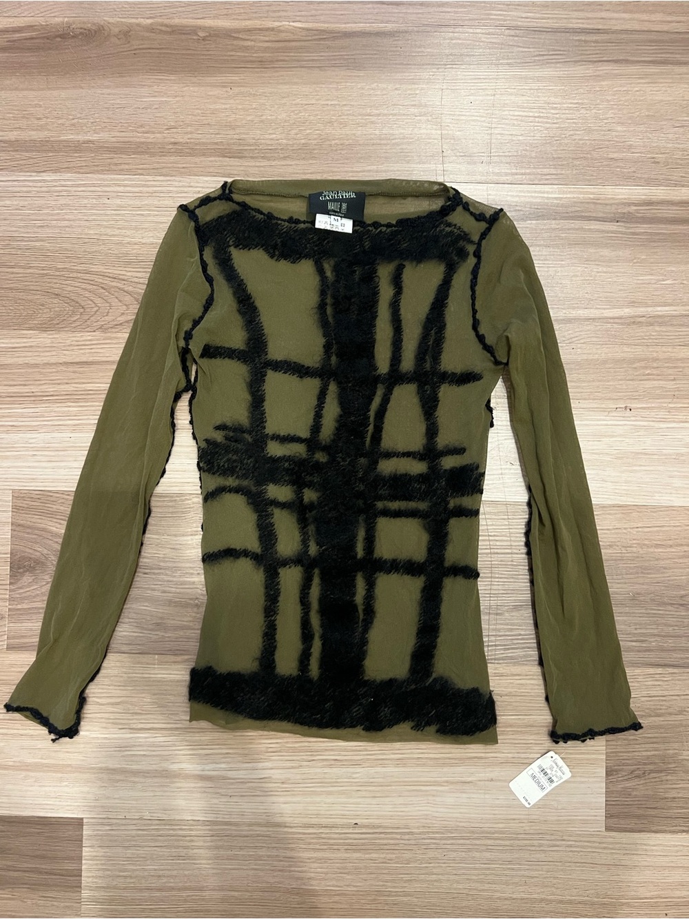 Jean Paul Gaultier Olive Green Long Sleeve Top with Black Fuzzy Grid
